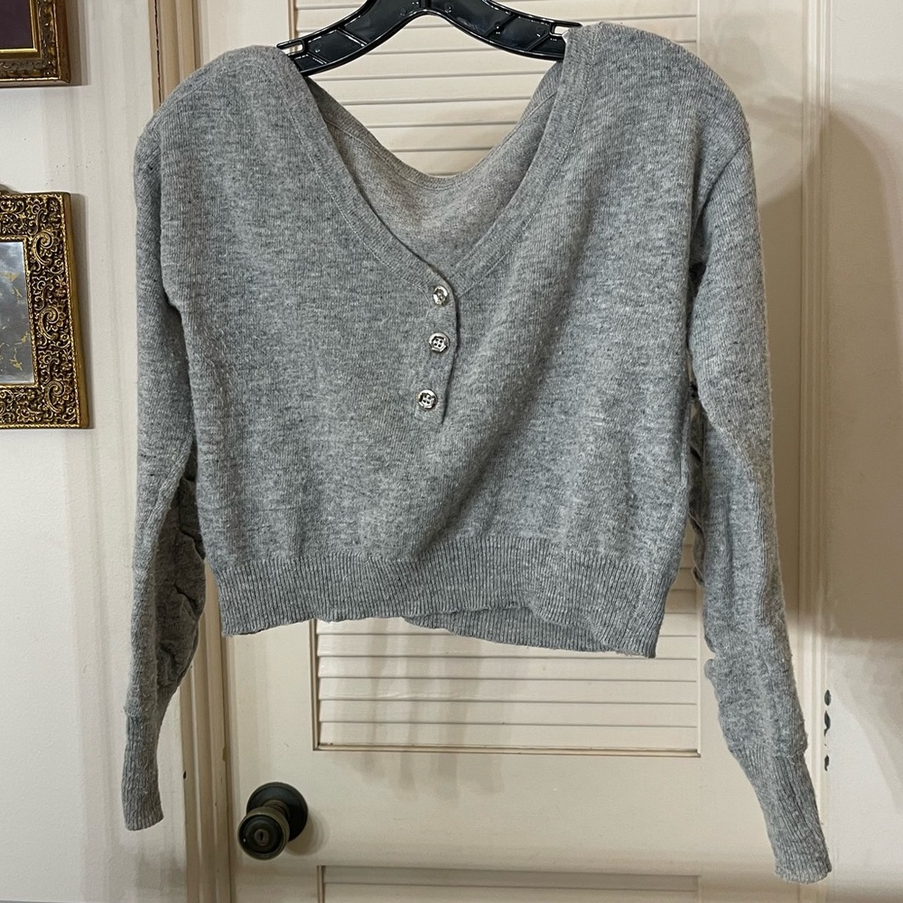 BCBGeneration Cropped Grey Sweater with Braided Arm Detail